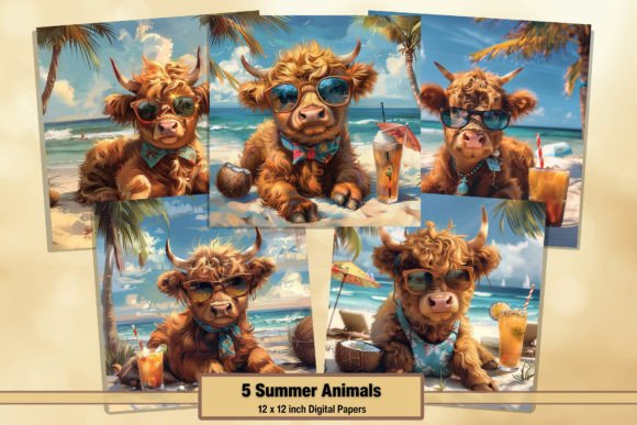 Download Summer Highland Cow Beach Digitals 65 - Premium Resources