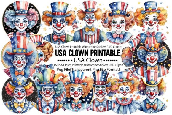 Download USA Clown Printable Watercolor Stickers - Watercolor Collection