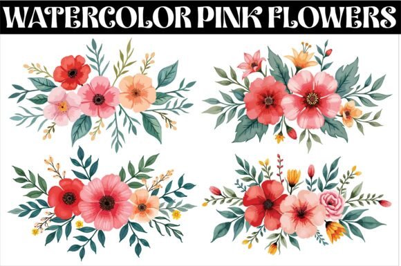 Download Watercolor Pink Flowers and Green Leaves - Watercolor Collection