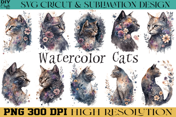 Download Cute Cat Flowers PNG Watercolor Design - Watercolor Collection