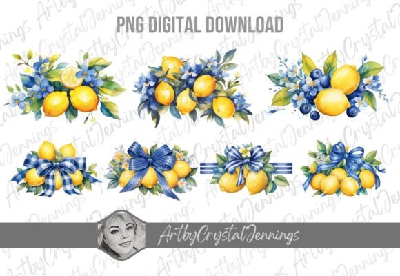 Download Blue Floral Lemon Watercolor Design PNG - Watercolor Collection