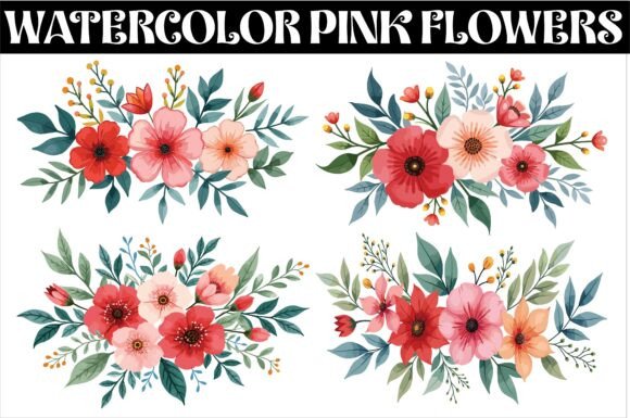 Download Watercolor Pink Flowers and Green Leaves - Watercolor Collection