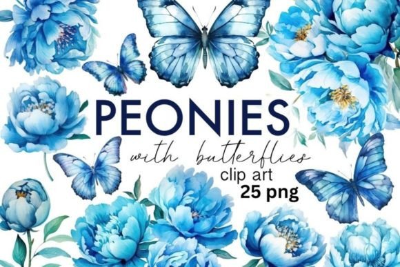 Download Watercolor Blue Peony and Butterfly PNG - Watercolor Collection