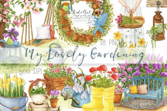 Download Watercolor Gardening Clipart. Vintage. - Watercolor Collection