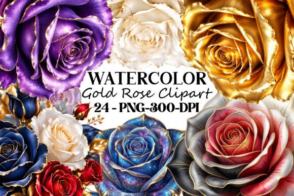 Download Watercolor Gold Rose Clipart PNG Bundle - Watercolor Collection