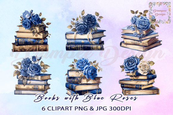 Download Books with Blue Roses Watercolor Clipart - Watercolor Collection