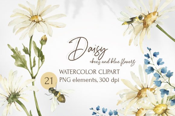 Download Watercolor Daisy and Bees Clipart. - Watercolor Collection