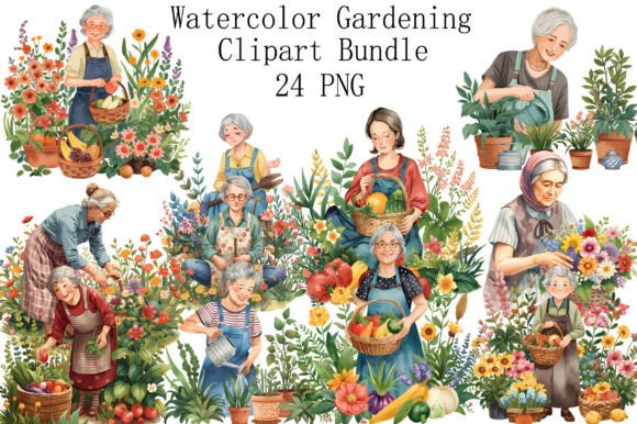 Download Watercolor Grandma Gardening Clipart - Watercolor Collection