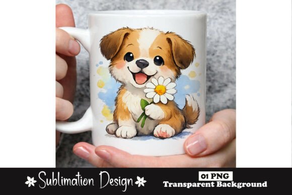 Download Cute Puppy Holding Daisy Watercolor Dog - Daisy watercolor Collection