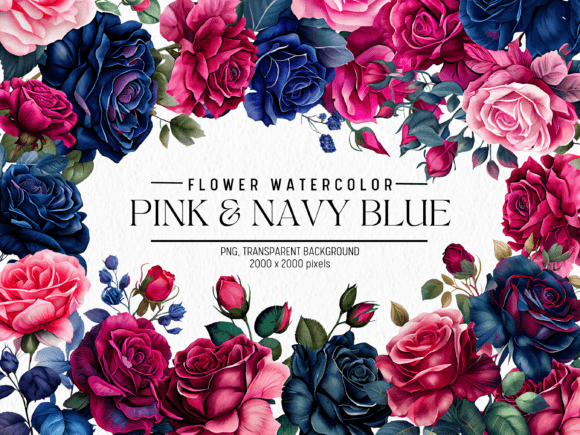 Download Pink and Navy Blue Flowers Watercolor - Watercolor Collection