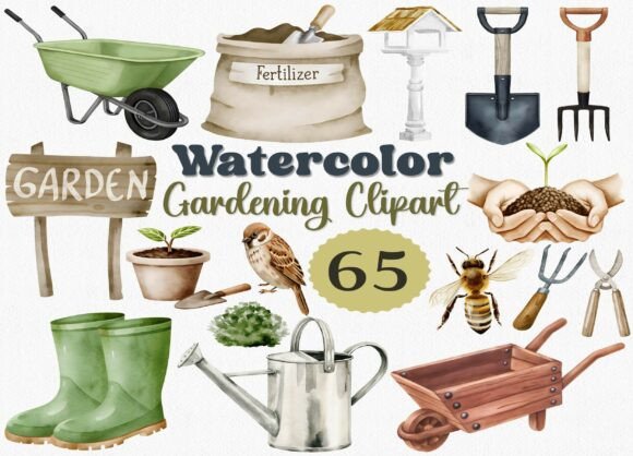 Download Watercolor Gardening Clipart Set, 65 PNG - Watercolor Collection