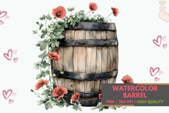 Download Watercolor Barrel with Red Poppies PNG - Watercolor Collection